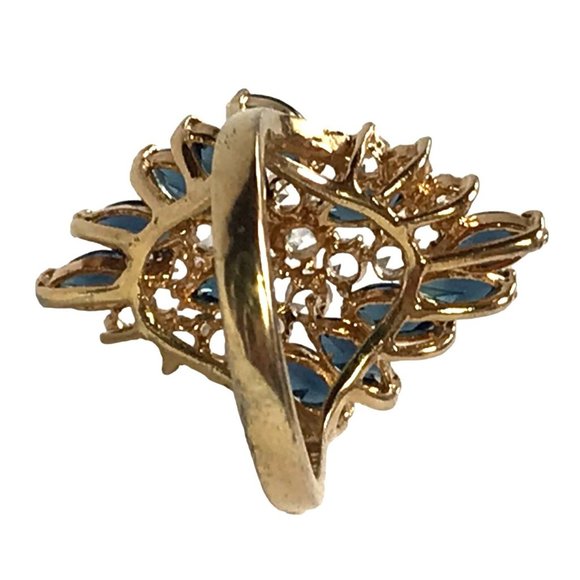 Gold Tone Cocktail Ring Dark Blue Marquise and Clear Round Crystal Cluster Sz 6 - Picture 6 of 6